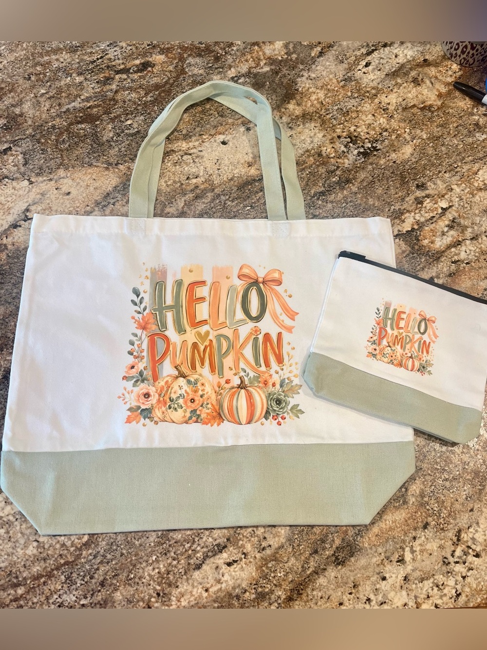 Hello Pumpkin Canvas Tote Bag with Pouch - Sage Accent